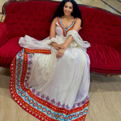 Sleeveless Habesha Kemis Graceful Habesha Dress Red Embroidery Ethiopian Clothing 729