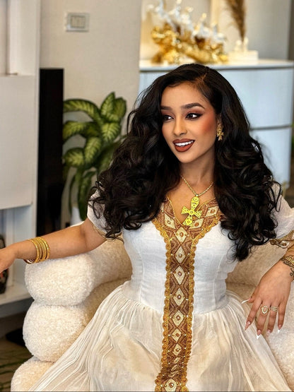 White Habesha Kemis Golden Embroidery Traditional Ethiopian Dress Festive Habesha Dress 734