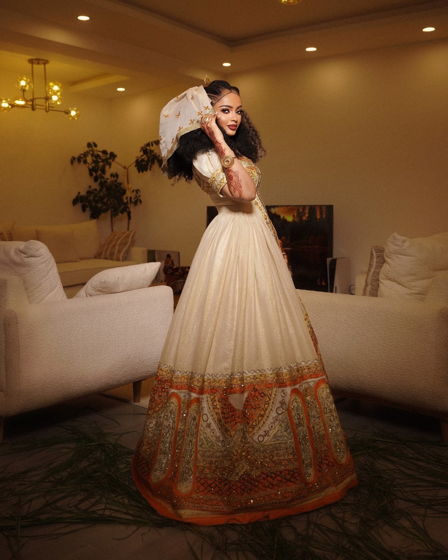 Habesha Couple Outfit White & Gold  Ethiopian Traditional Clothing Cultural Matching Set 735
