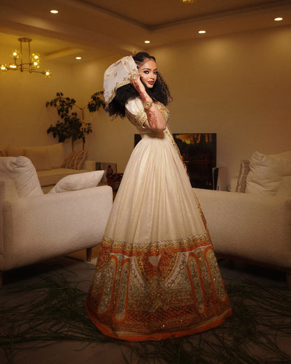 Habesha Couple Outfit White & Gold  Ethiopian Traditional Clothing Cultural Matching Set 735