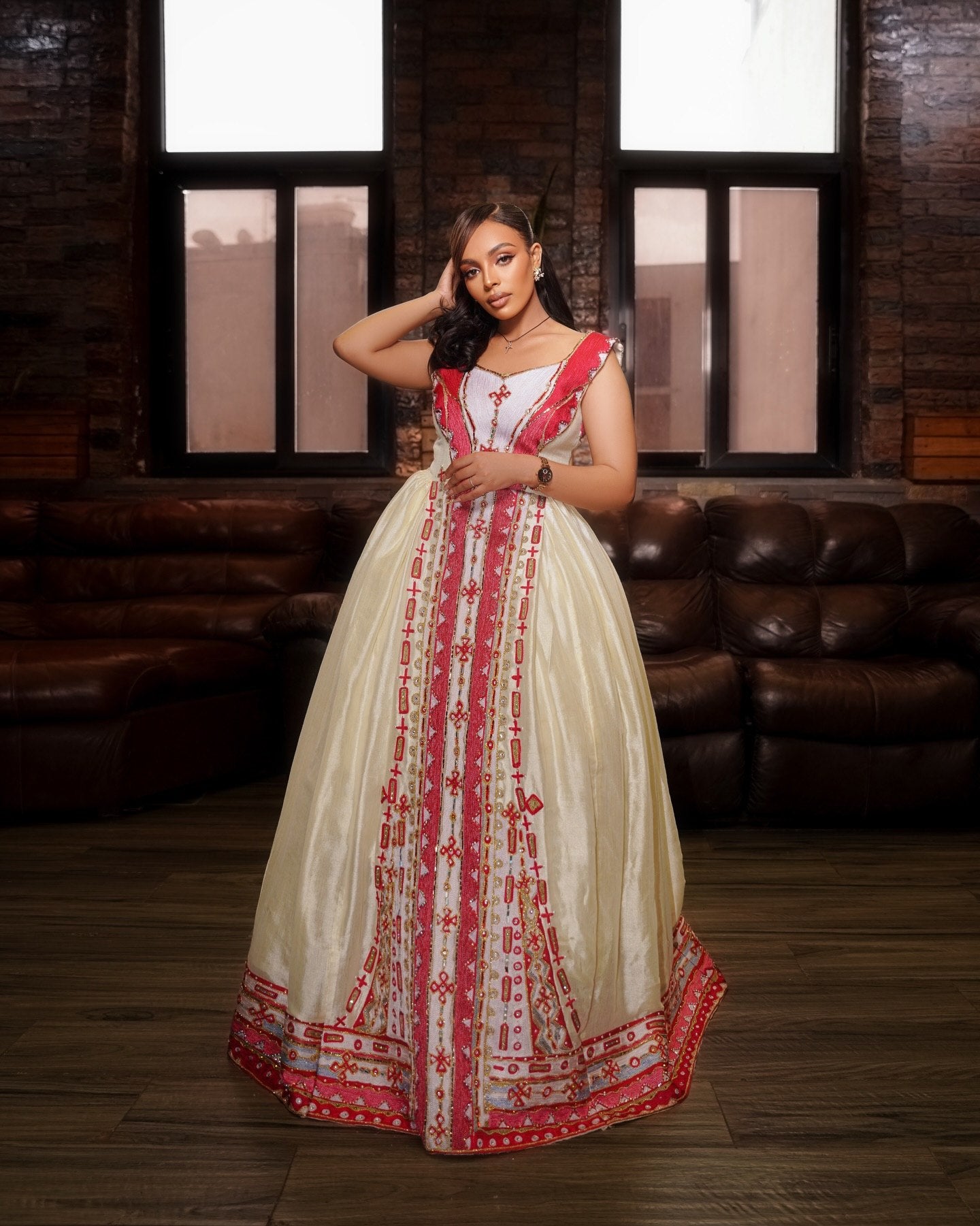 Ethiopian Wedding Dress Red Embroidery Habesha Kemis Traditional Ethiopian Clothing 736