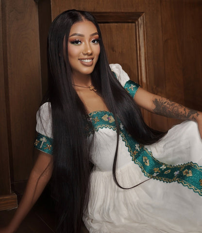 Short Sleeve Habesha Dress White Habesha Kemis With Green Woven Embroidery Elegant Ethiopian Traditional Clothing 740