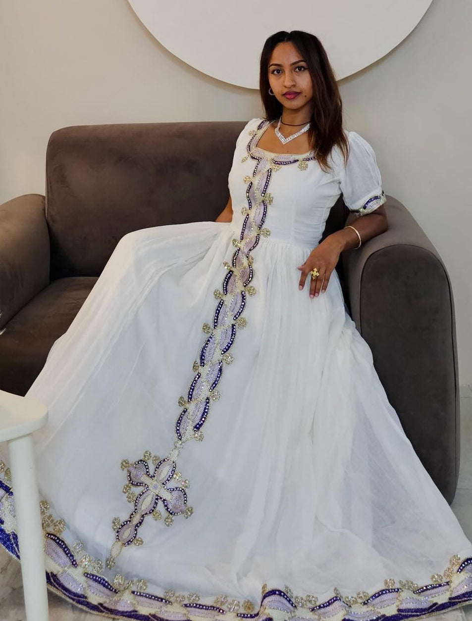 Blue & Silver Ethiopian Clothing Short Sleeve Habesha Kemis Charming Habesha Dress 749