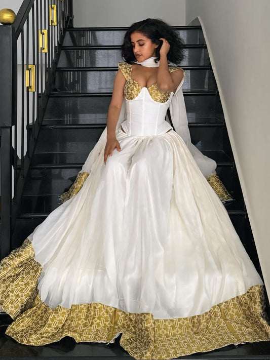 Ethiopian Clothing Gold Woven Habesha Kemis & Short Sleeve Habesha Dress For Festive 750