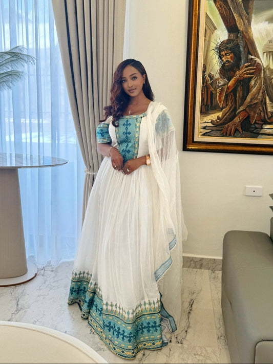Ethiopian Clothing Blue Embroidered Habesha Kemis & Habesha Dress Online
