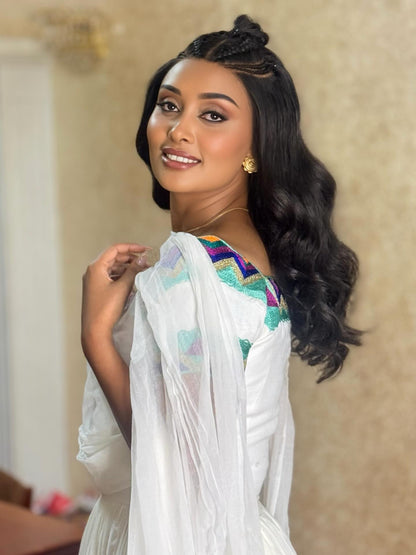 Festive Ethiopian Clothing Off Shoulder Short Sleeve Habesha Kemis Multicolor Design Habesha Dress 758