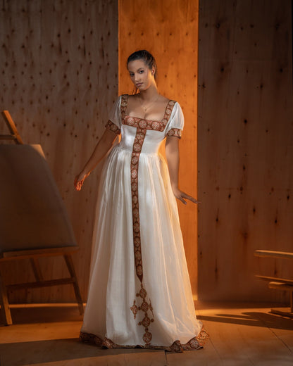 Traditional Ethiopian Dress Collection Graceful Habesha Dress with Brown Base and Pink Embroidery Habesha Kemis 759