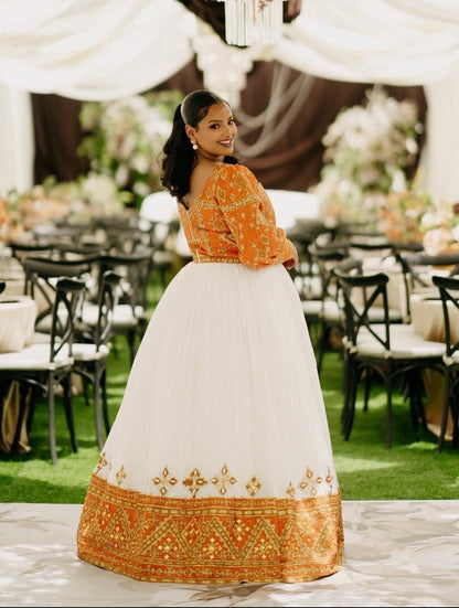 Luxury Habesha Traditional Dress Orange and Gold Embroidery Habesha Dress Habesha Kemis for Elegant Wedding Celebrations 761