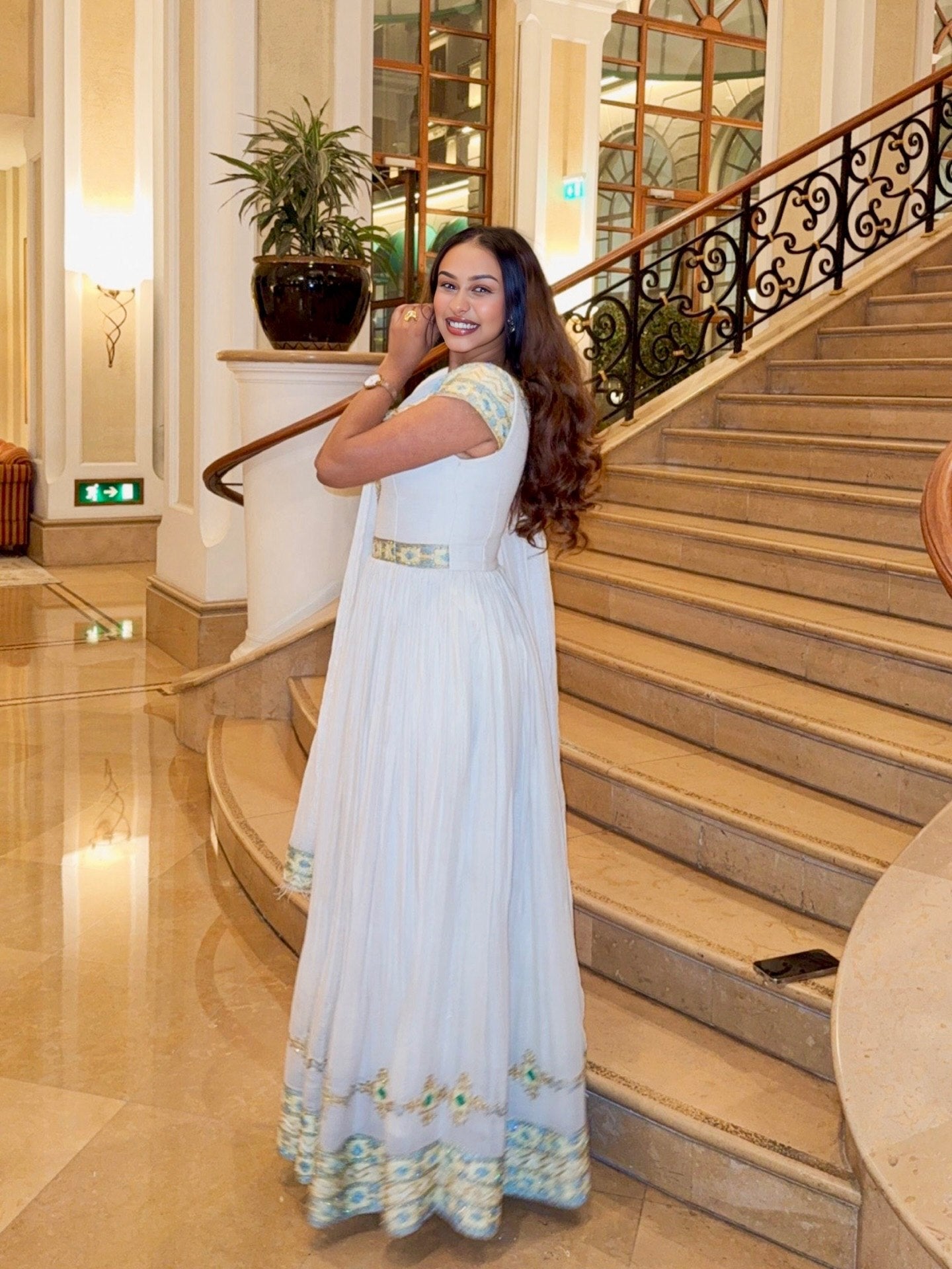 Charming White Habesha Kemis Soft Blue and Gold Habesha Dress  Traditional Embroidery Details 763
