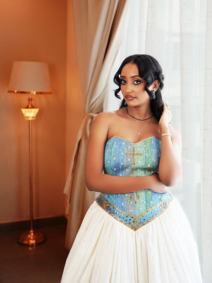 Traditional Ethiopian Wedding Dress Stylish Eritrean Dress Green and Blue Cultural Embroidery Habesha Kemis 764