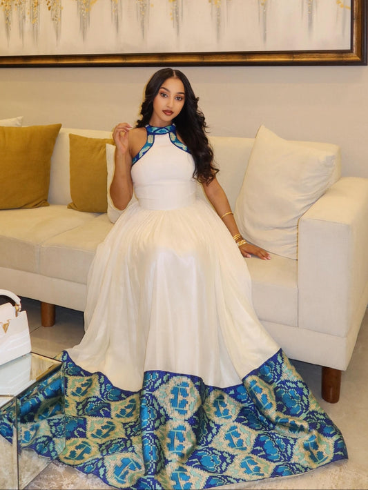 Ethiopian Clothing Sleeveless Blue Embroidered Habesha Kemis & Habesha Dress