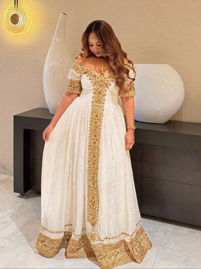 Golden Grace Ethiopian Clothing Off-Shoulder Habesha Kemis Short Sleeve Habesha Dress 885