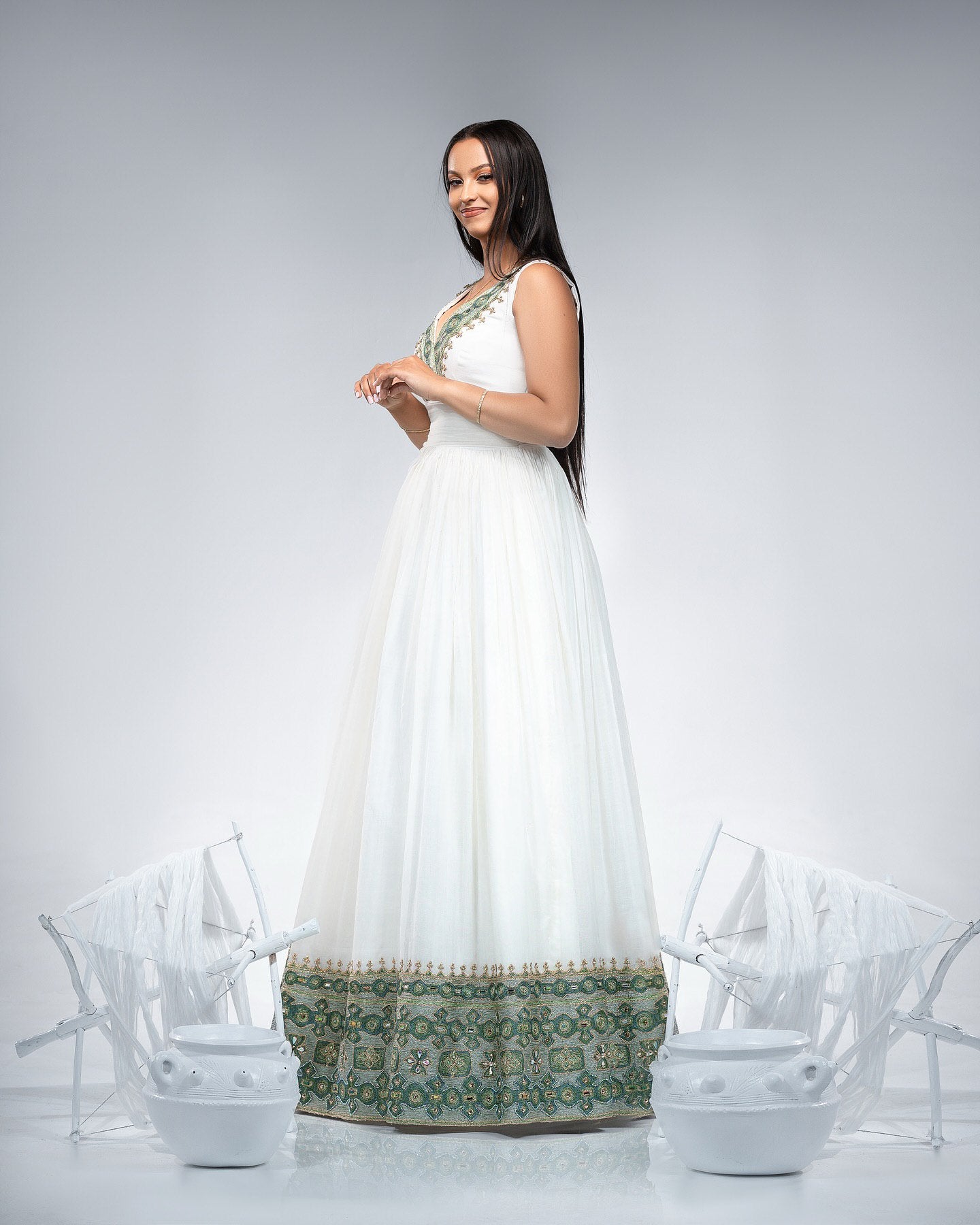 White V-Neck Habesha Dress Green & Gold Tibeb Ethiopian Wear Elegant Cultural Habesha Kemis 0058