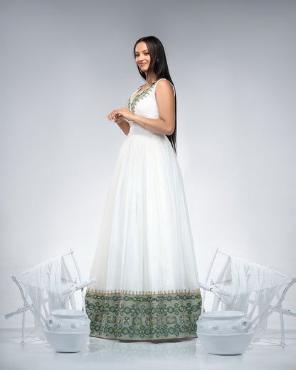 White V-Neck Habesha Dress Green & Gold Tibeb Ethiopian Wear Elegant Cultural Habesha Kemis 0058