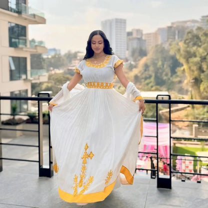 Golden Yellow Habesha Dress Design Habesha Kemis With Netela Timeless Ethiopian Clothing 0059