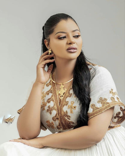 Gold Embroidered Ethiopian Traditional Dress  Regal Habesha Kemis For Wedding Classic Wedding Habesha Dress 0092
