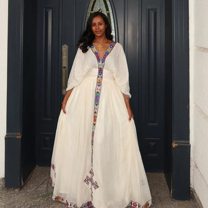 White Habesha Kemis Colorful Tilet Ethiopian & Eritrean Dress Handwoven Habesha Dress 134