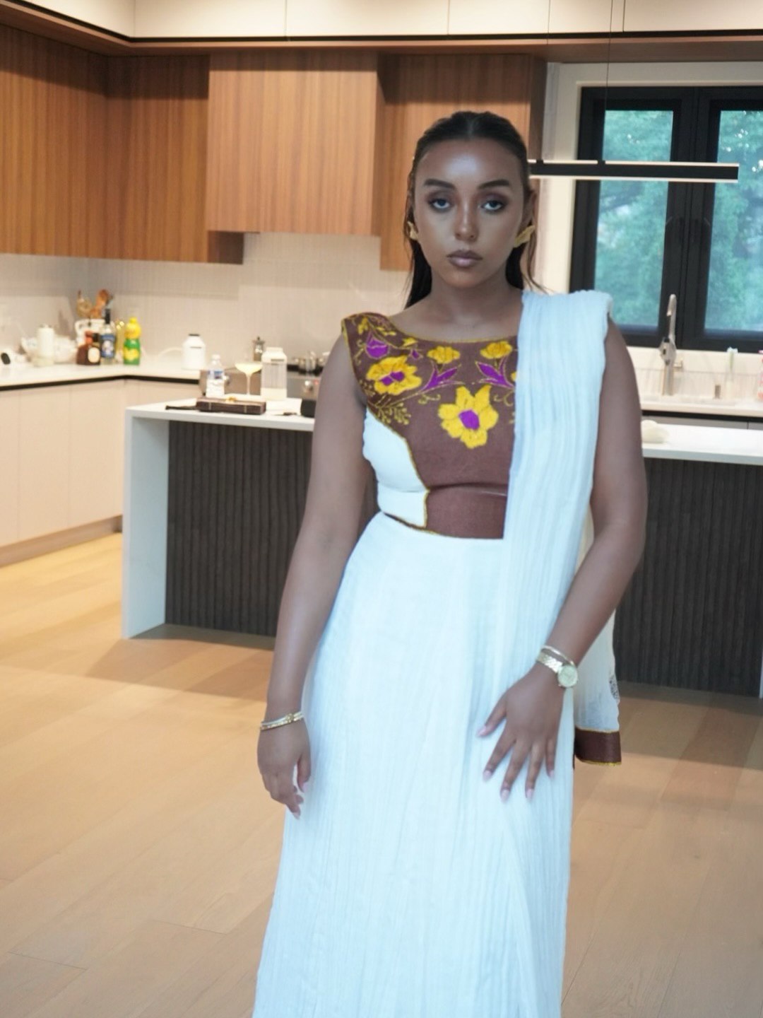 Modern Habesha Dress with Shawl Floral Ethiopian & Eritrean Clothing Yellow And Purple Pattern Habesha Kemis 135