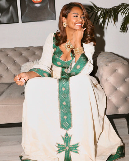 Green & Gold Ethiopian Traditional Dress Habesha Kemis Cultural Wear Cross Motif Habesha Dress 151