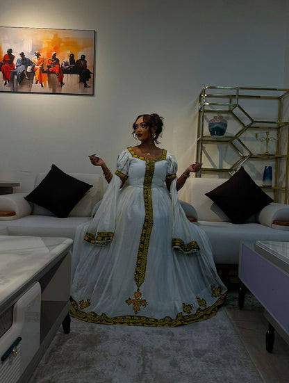Traditional Ethiopian Dress Yellow Cross Embroidery Habesha Kemis Stunning Habesha Dress For festive 166
