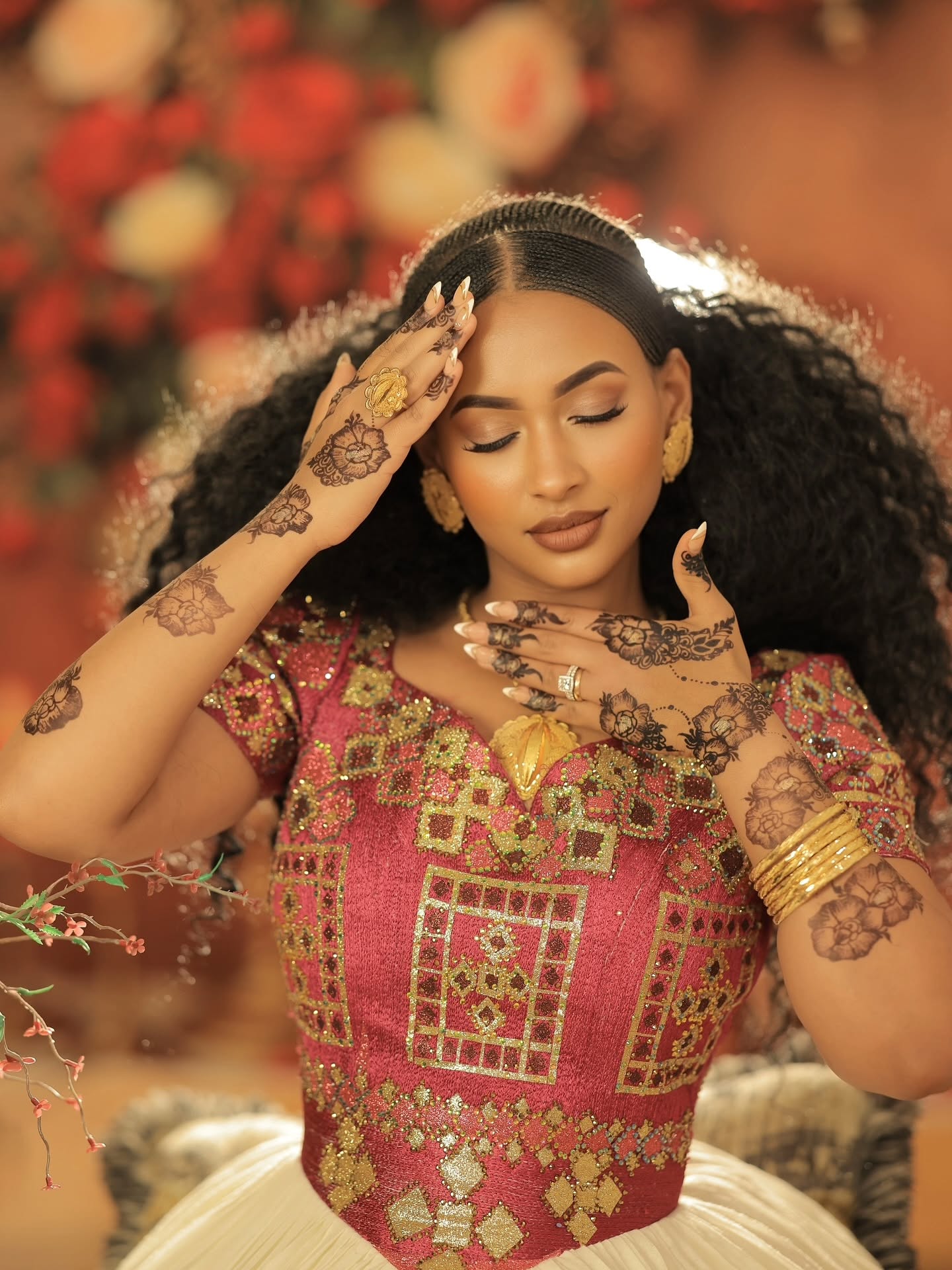 luxurious Habesha Kemis red and gold embroidered traditional ethiopian wedding dress Graceful Habesha Dress 174