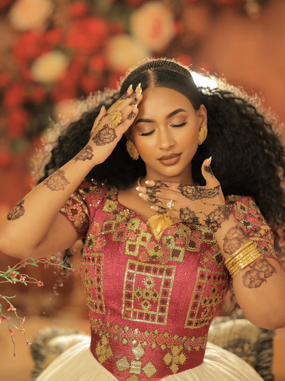 luxurious Habesha Kemis red and gold embroidered traditional ethiopian wedding dress Graceful Habesha Dress 174