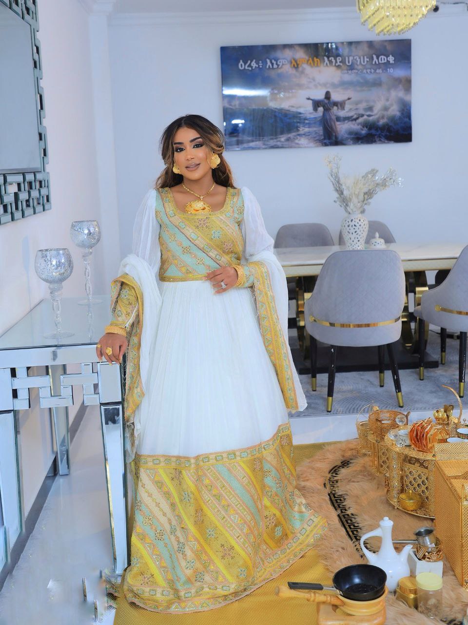 elegant white and gold embroidered Habesha Dress Ethiopian wedding dress Habesha Kemis For Wedding 175