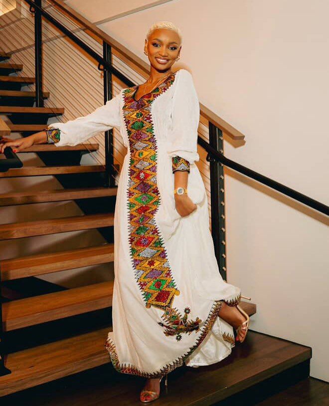 White Habesha Traditional Dress Colorful Embroidered Habesha Kemis Long Sleeve Habesha Dress 181