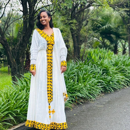 White And Yellow Traditional Ethiopian Dress Modern Embroidery Design Habesha Dress Handwoven Habesha Kemis 182