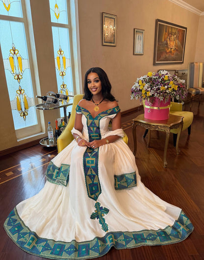 off shoulder habesha dress Ceremonial bohemian habesha kemis with long sleeves