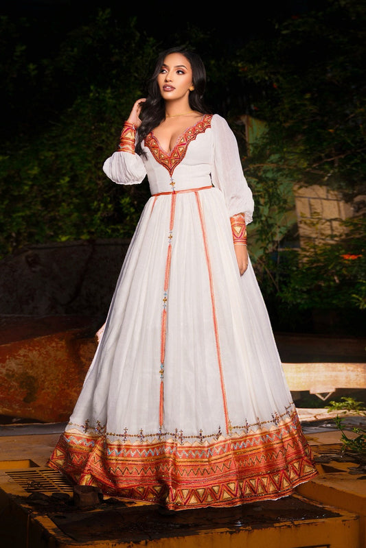 Red and Gold Embroidered Habesha Dress V-Neckline Habesha Kemis Ethiopian Wedding Dress 202