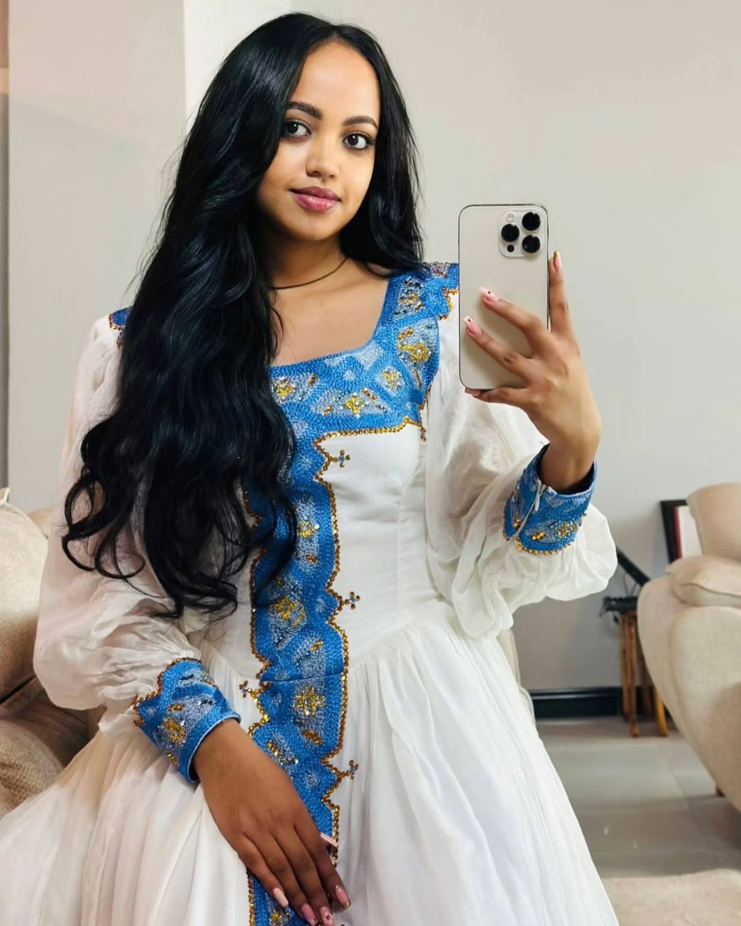 White habesha dress with blue and gold embroidery Ethiopian traditional dress habesha cloth 210