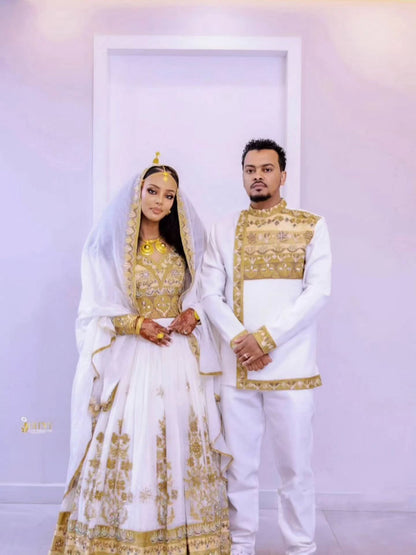 gold habesha couple outfit Ethiopian Matching dress and shirt traditional habesha cloth 211