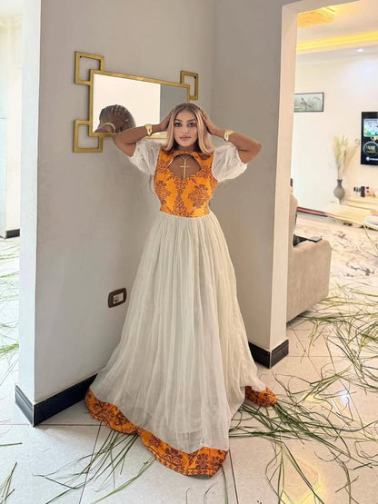 Stunning Ethiopian Traditional Dress Orange Pattern Habesha Kemis Habesha Dress Inspiration 159