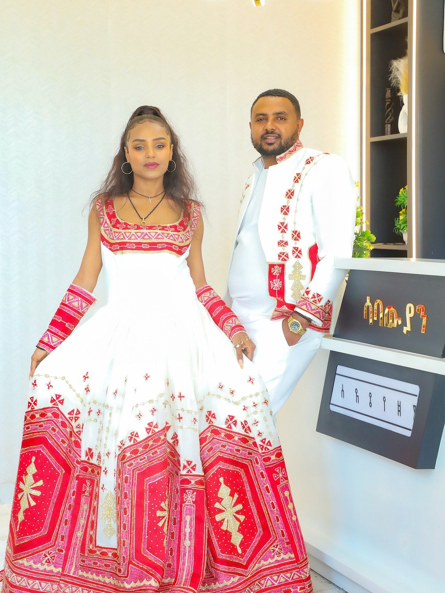 Timeless Red-Thread Habesha Couple Ensemble Cultural Heritage Attire