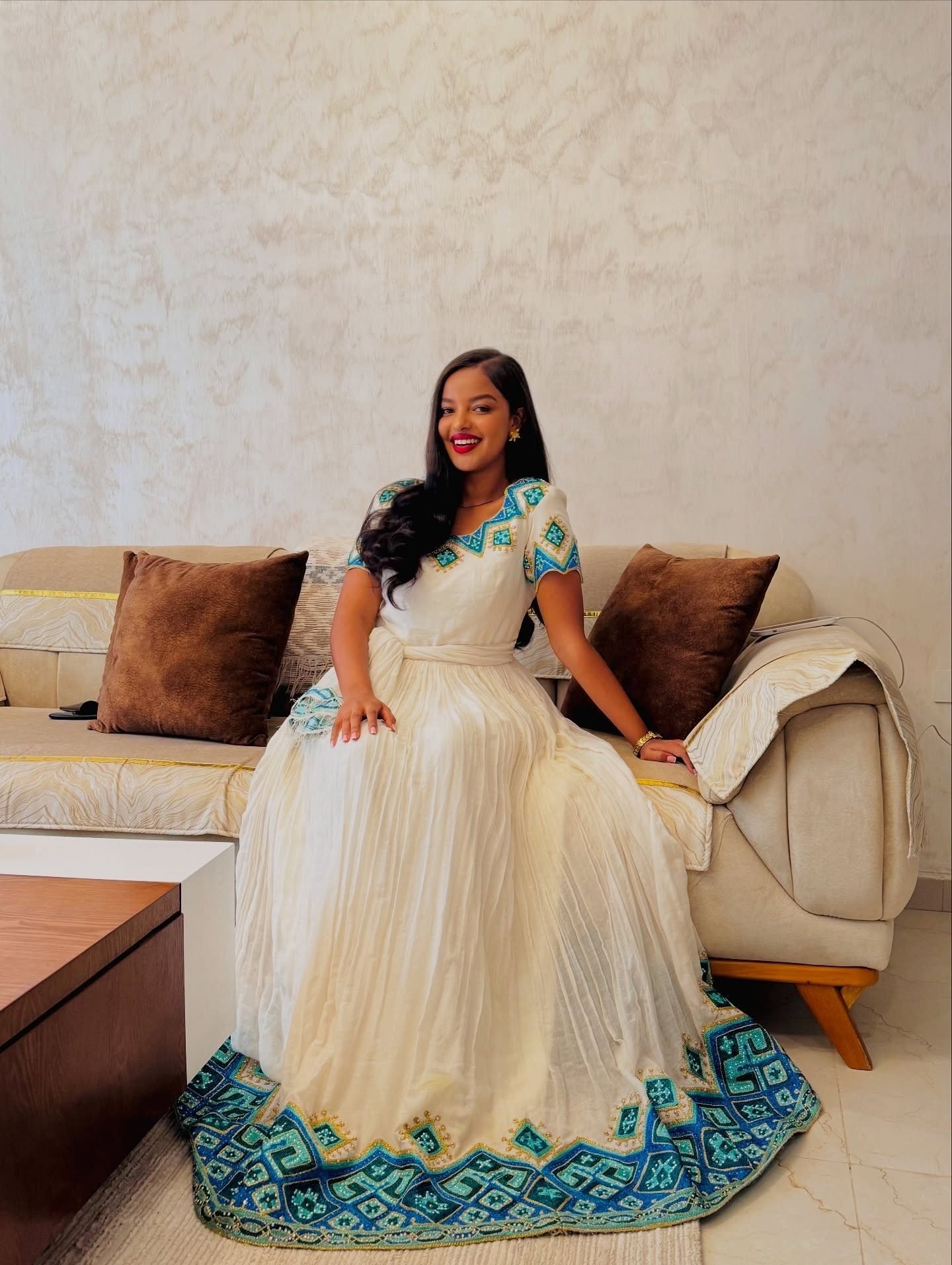 Short Sleeve Ethiopian Clothing Habesha Kemis with Blue Embroidery Handwoven Habesha Dress 250