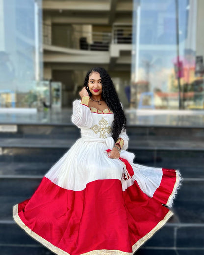 Red Woven Ethiopian Dress Long Sleeve Habesha Dress Habesha Kemis For Cultural Celebrations 264