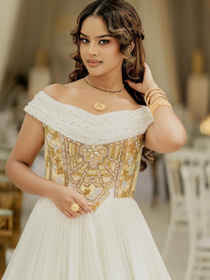 Ethiopian Wedding Dress Golden Habesha Kemis Traditional Ethiopian Dress with Handwoven Detail 267