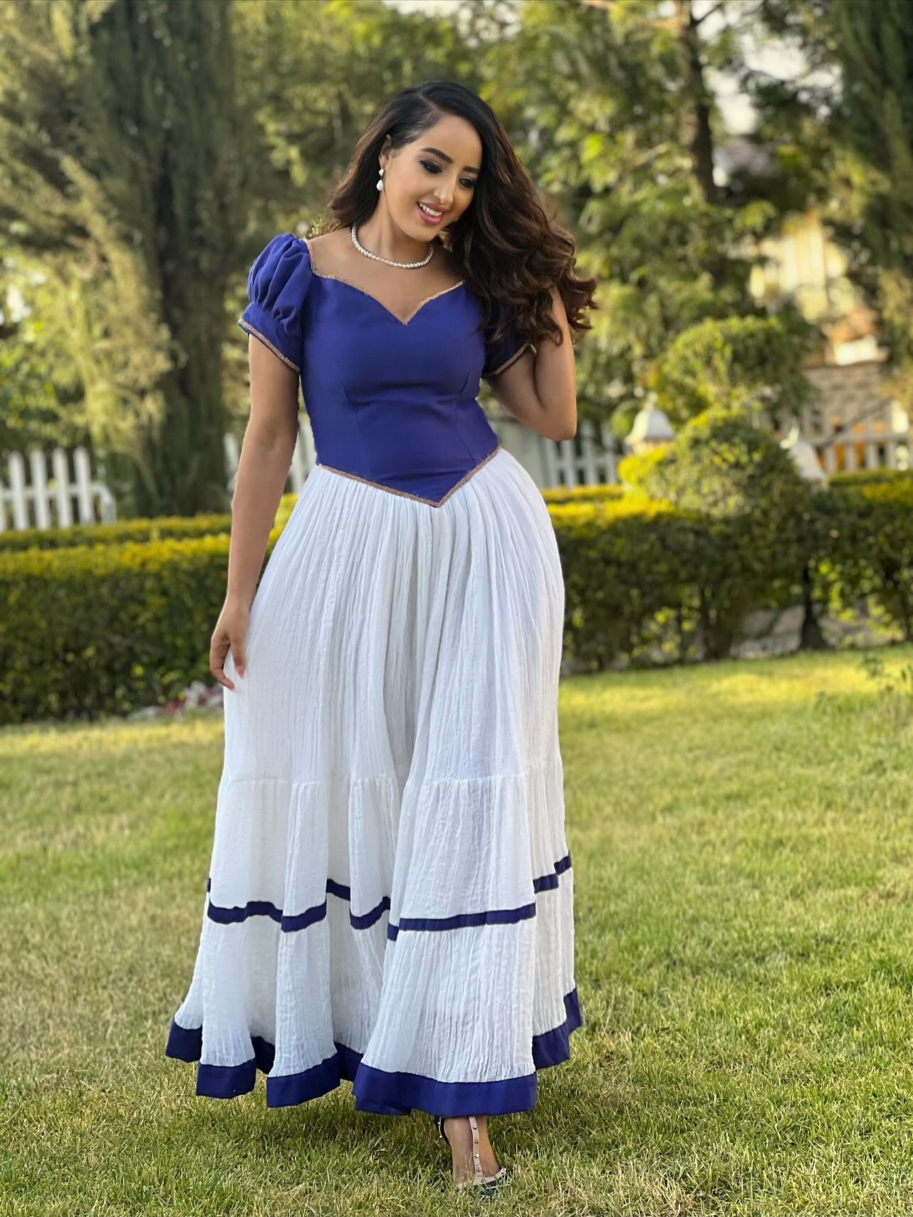 Puff Sleeve Habesha Kemis Blue Design Habesha Dress Traditional Ethiopian Clothing 277
