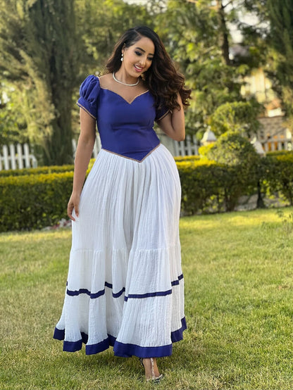 Puff Sleeve Habesha Kemis Blue Design Habesha Dress Traditional Ethiopian Clothing 277