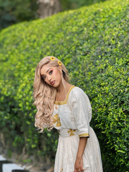 White & Gold Habesha Dress Hand Embroidered Habesha Kemis Ethiopian Traditional Dress for Women 301