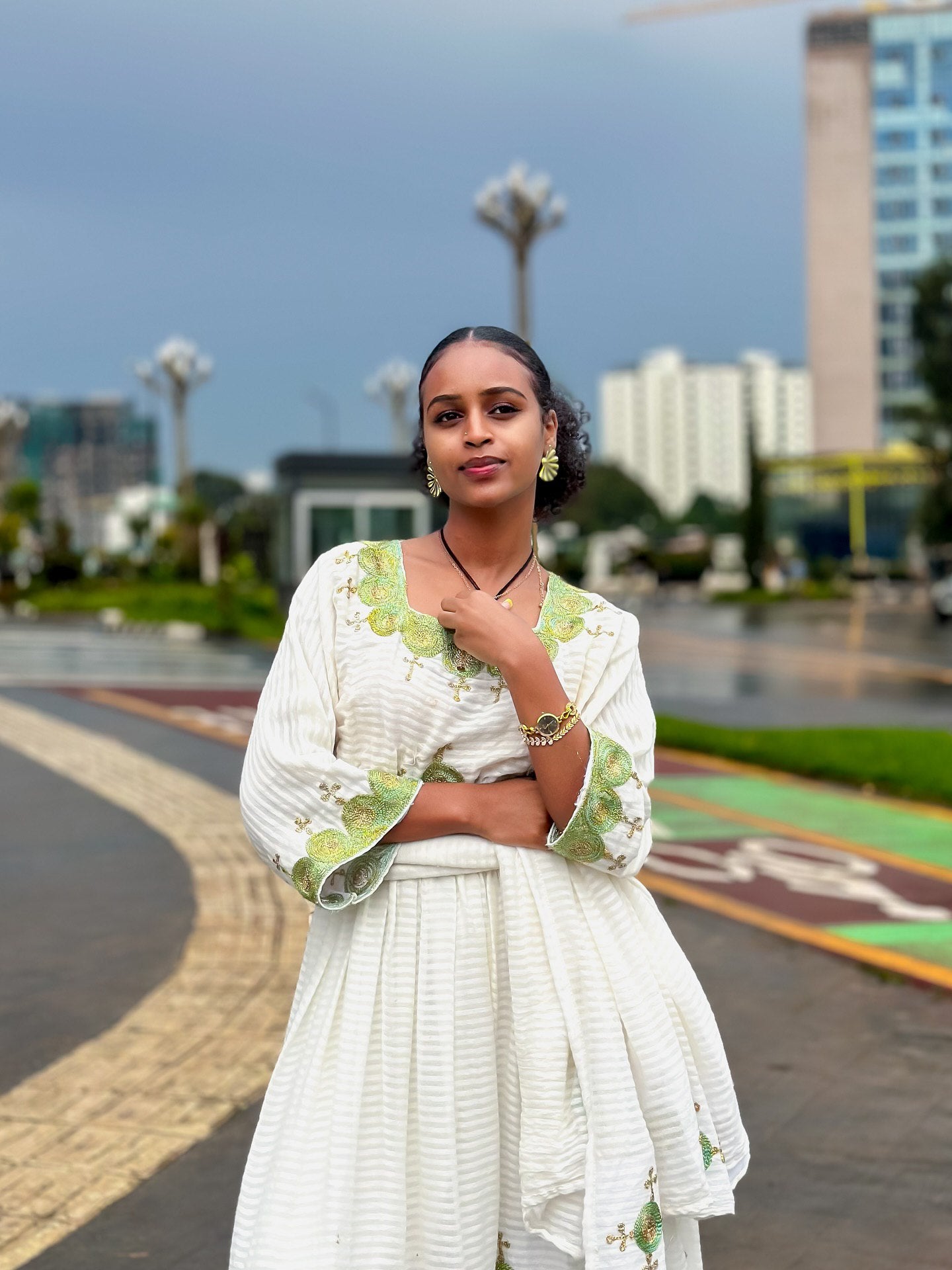 Green Embroidered Habesha Dress White Traditional Ethiopian Dress Soft Habesha Kemis 302