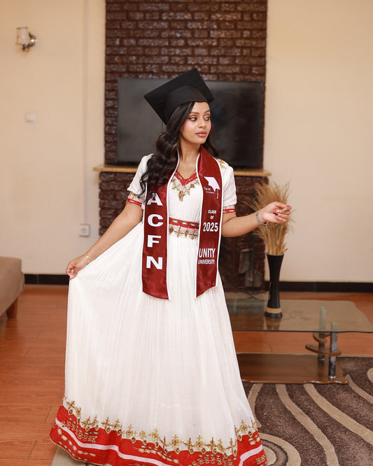 Habesha Kemis Short Sleeve Habesha Dress with Red Embroidery  Ethiopian Clothing