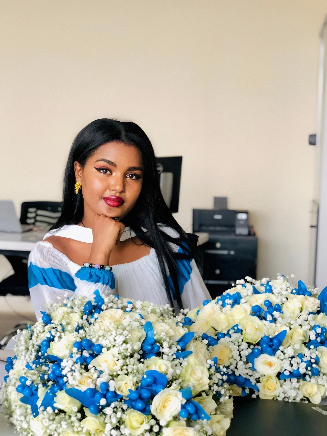 Flowy Habesha Kemis Habesha Dress with Blue Stripes Ethiopian Clothing 304