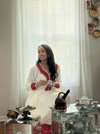 Red Woven Habesha Kemis Long Sleeve Habesha Dress Charming Ethiopian Traditional Dress 308