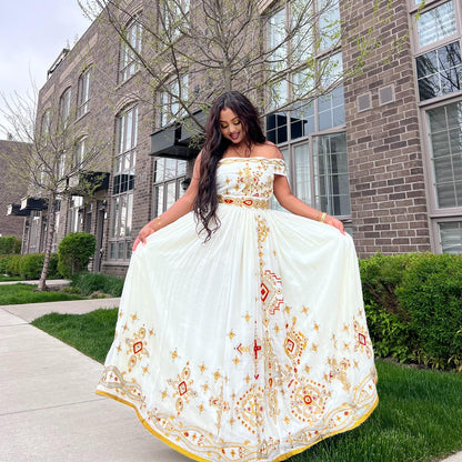 Golden Traditional Ethiopian Dress Cross Embroidered Habesha Kemis Traditional Ethiopian Habesha Dress 309