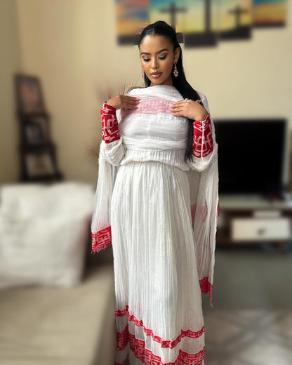 Radiant Habesha Kemis A Timeless Ethiopian Traditional Dress Red Tibeb Details Habesha Dress 333