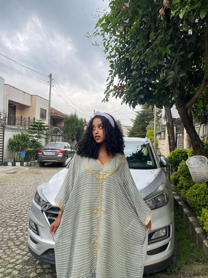 Gold Embroidery Accent Habesha Kemis White Stripe Habesha Dress Simple Design Ethiopian Dress 365