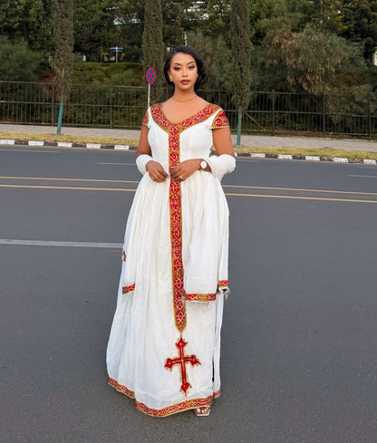Habesha Kemis With Red Embroidery Short Sleeve Habesha Dress Ethiopian Dress For Festive 390