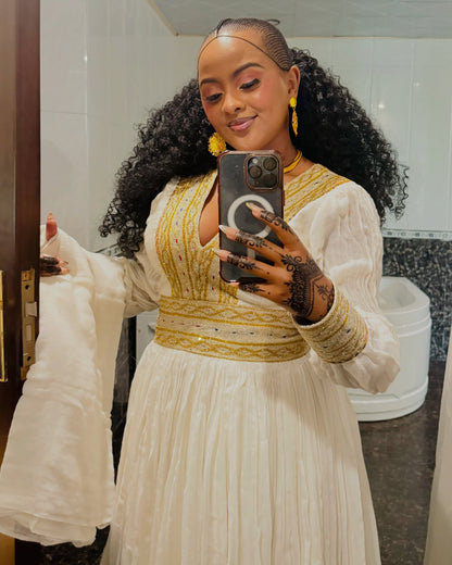 Golden Woven Habesha Kemis Long Sleeve Habesha Dress Ethiopian And Eritrean Dress 403